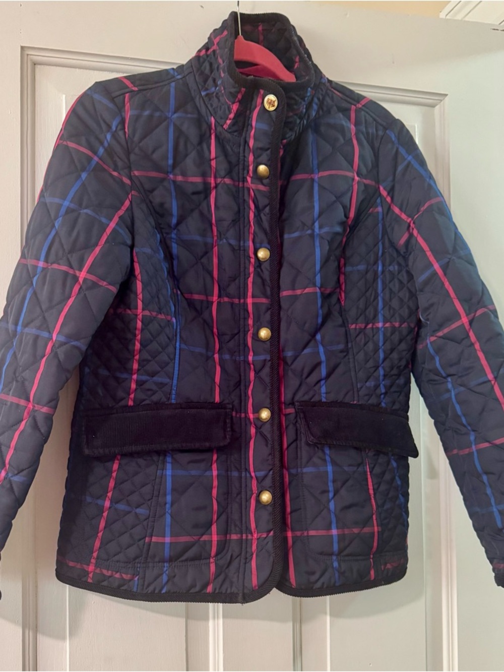 Joules Quilted Jacket US 8 Navy Check Corduroy Trim Equestrian Barn Coat - Picture 2 of 12